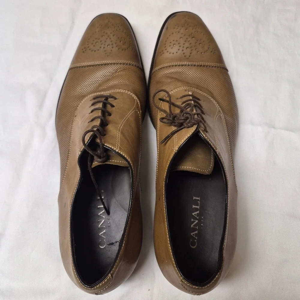 Canali Mens 641101 Tan Leather Perforated Cap Toe Oxford‎ Dress Shoes Italy 43